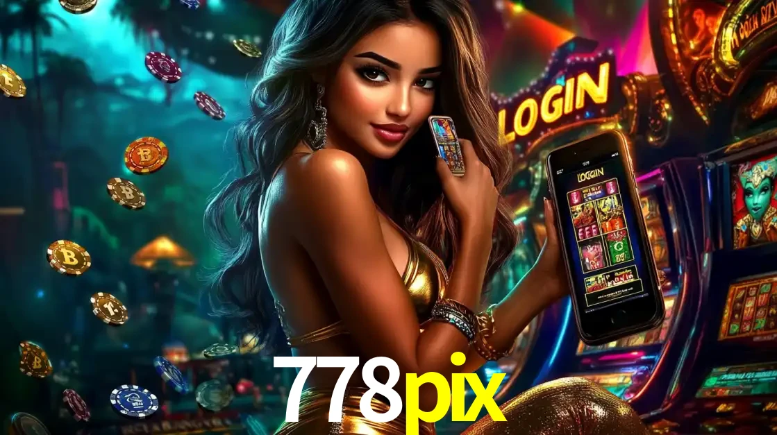 Mulher em um cenário de cassino temático de aventura, mostrando o app de caça-níqueis da 778pix no celular. Fichas de apostas flutuam ao redor.
